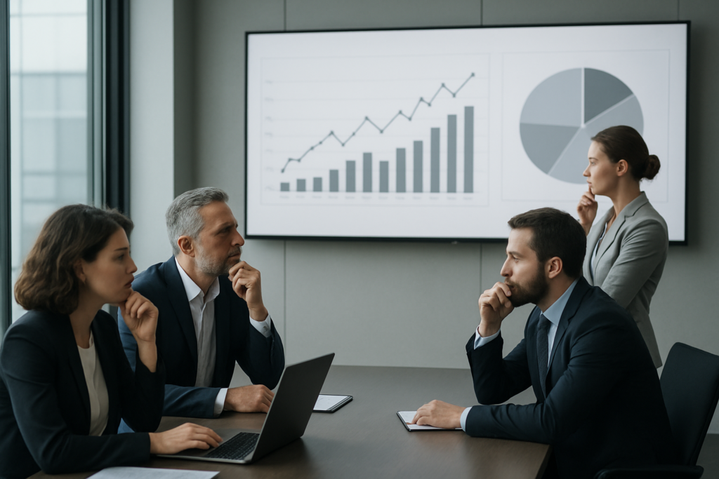 Zespół zarządzający analizuje scenariusze i wykresy