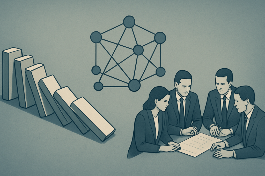 Symbol elastyczności strategicznej: ruchome domino i sieć połączeń