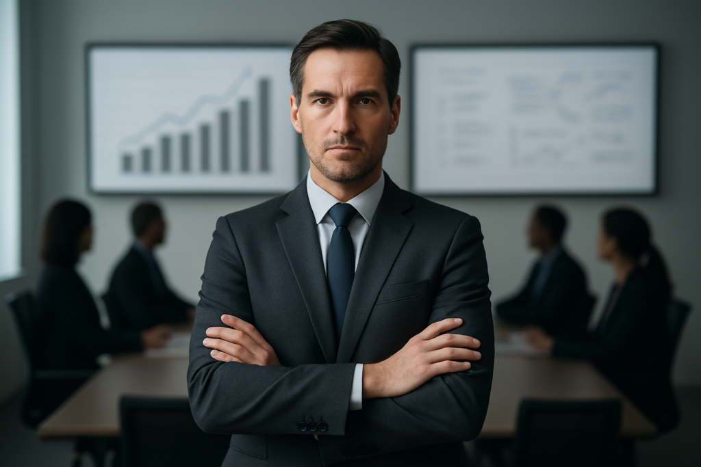 Lider w sali konferencyjnej przy wykresach — symbol blokady decyzyjnej