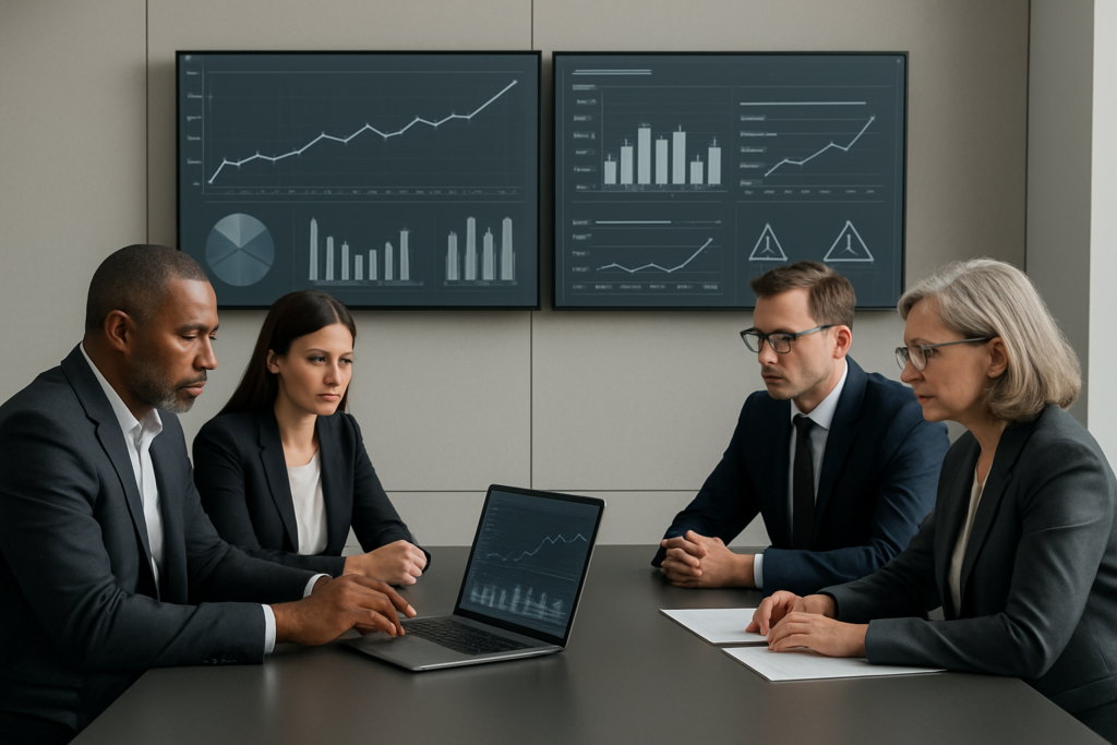 Zarząd analizujący wykresy i alerty na ekranach