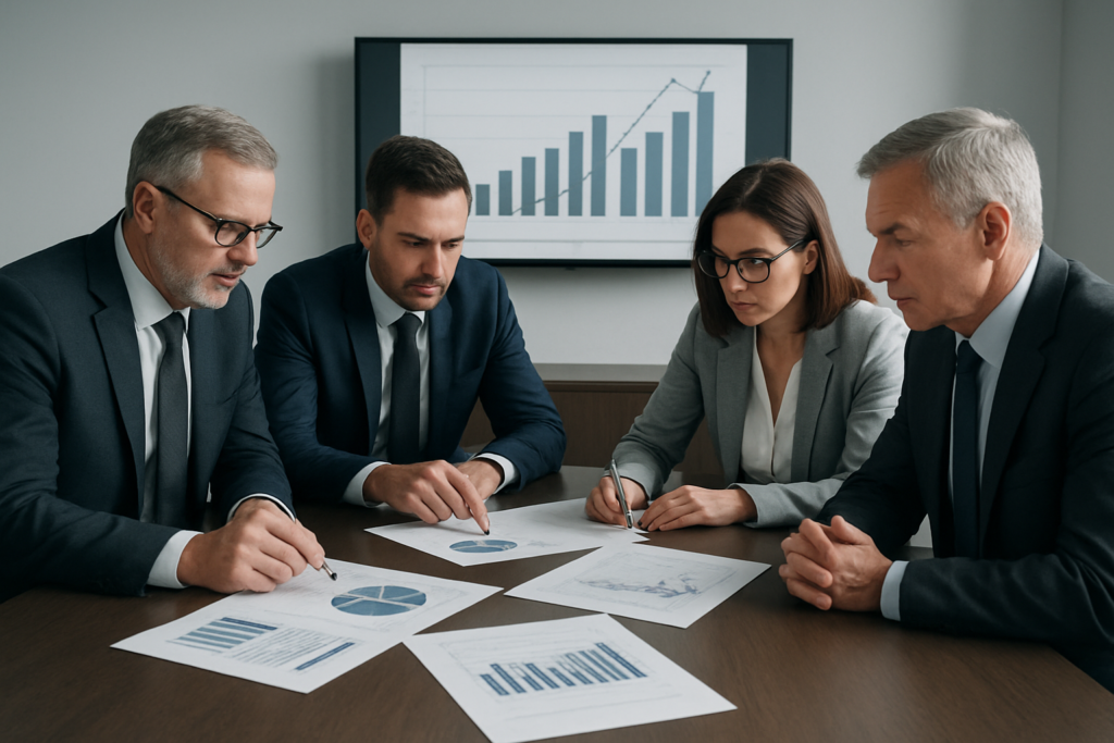 Zespół zarządzający analizujący strategię po kryzysie