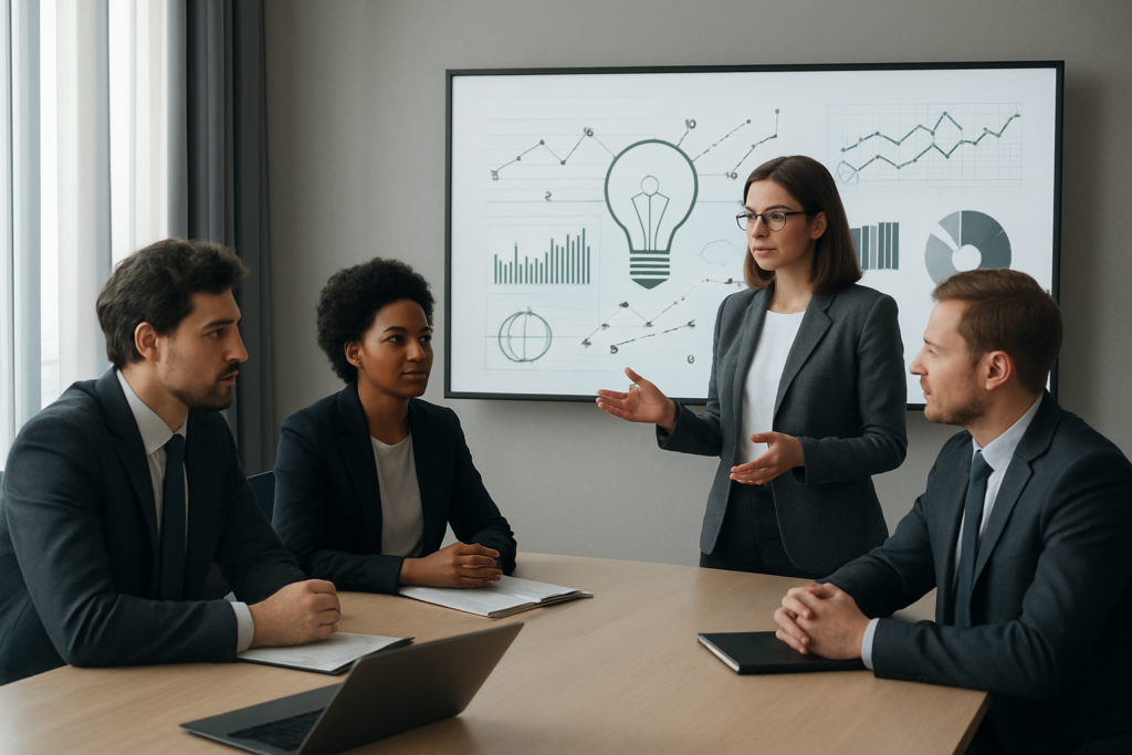 Menedżerowie omawiają strategię innowacji w sali konferencyjnej