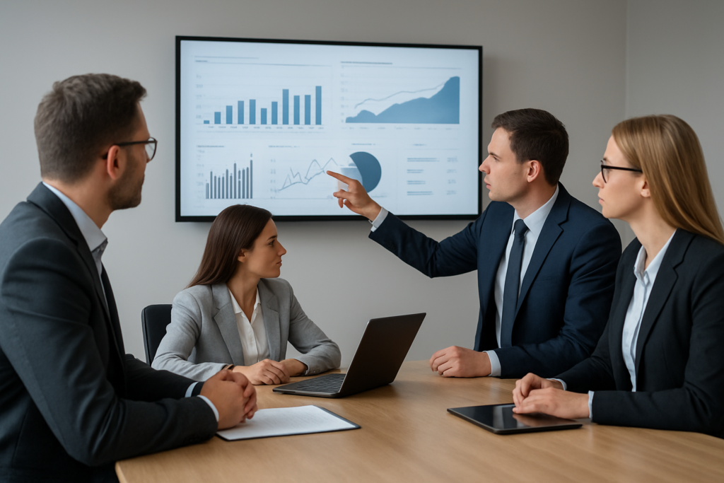 Zespół menedżerów analizujący dane na spotkaniu