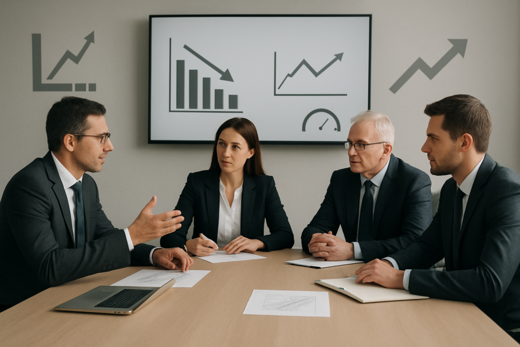 Zarząd omawiający scenariusze strategiczne i wykresy