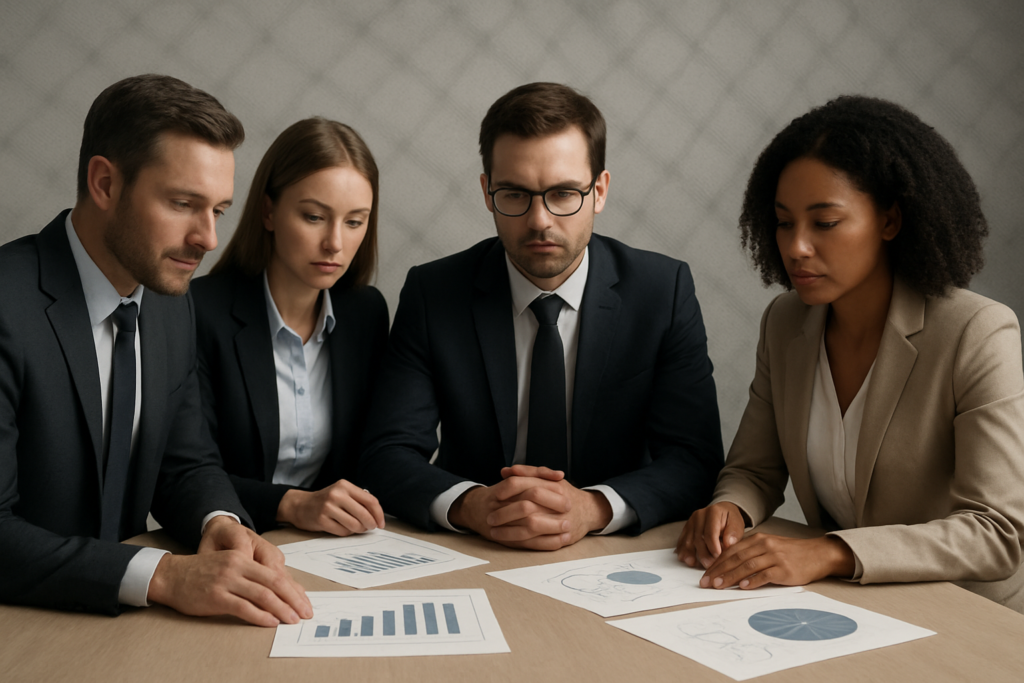 Menedżerowie analizujący pułapki mentalne podczas skalowania firmy