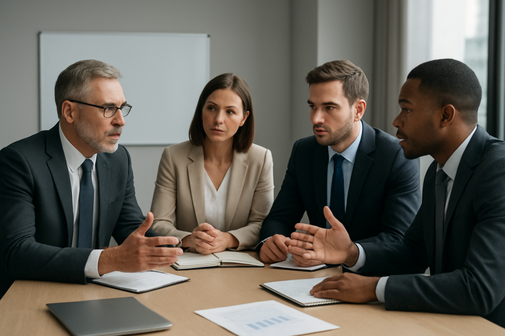 Zespół menedżerski podczas strategicznej dyskusji, widoczne emocje i interakcja
