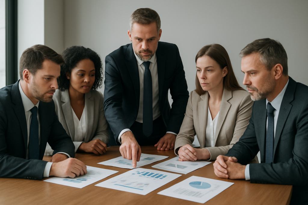 Liderzy w sali konferencyjnej analizujący scenariusze — odporność psychiczna i decyzje