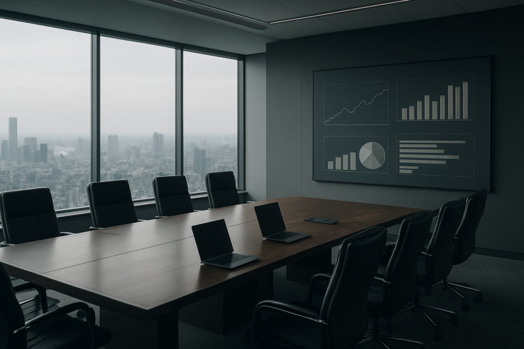 Liderzy analizujący strategię firmy na tle wykresów