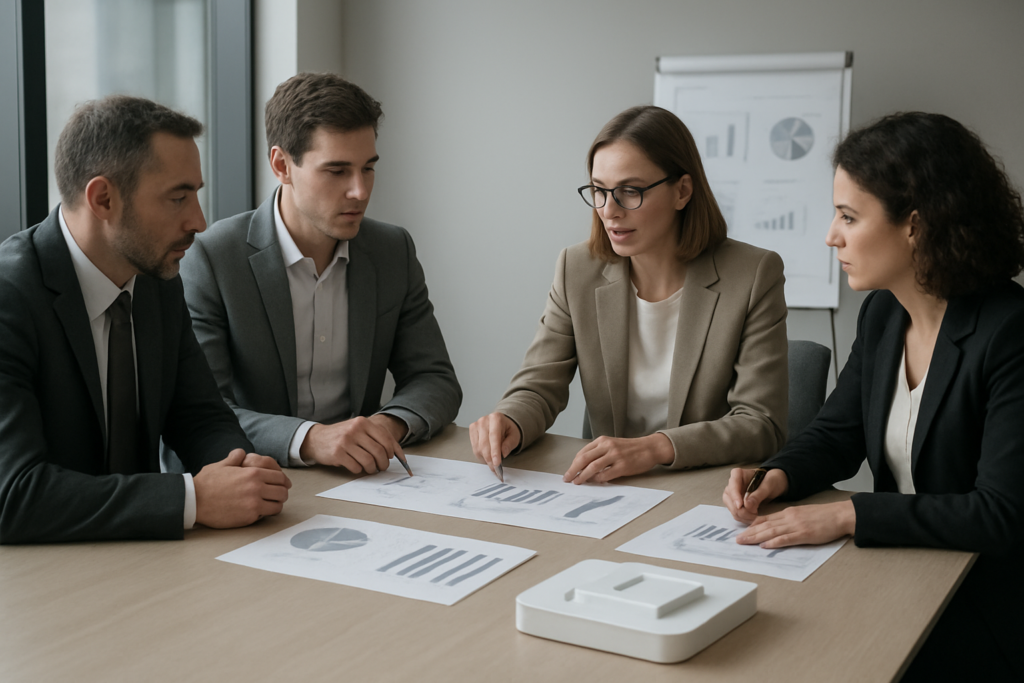 Zespół menedżerski analizuje wykresy — balans między jakością a tempem