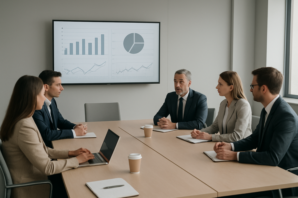 Zarząd analizujący dane na ekranach podczas podejmowania decyzji