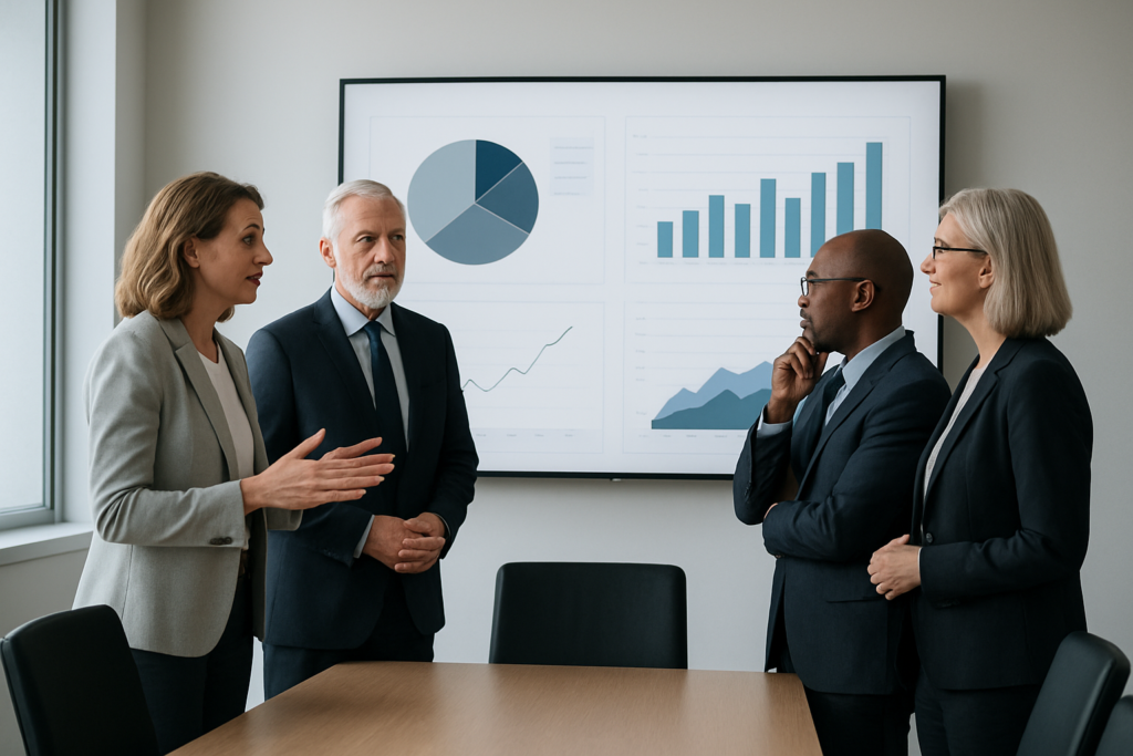 Doświadczeni liderzy analizujący dane na konferencji