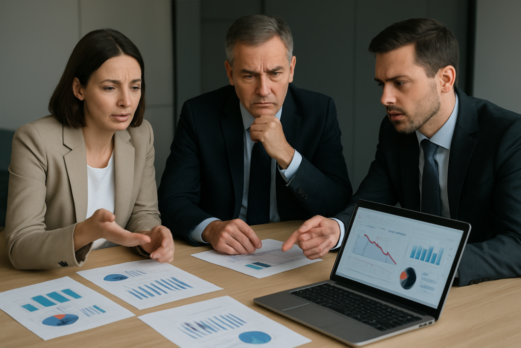 Zespół zarządzający analizuje przyczyny nieudanego projektu