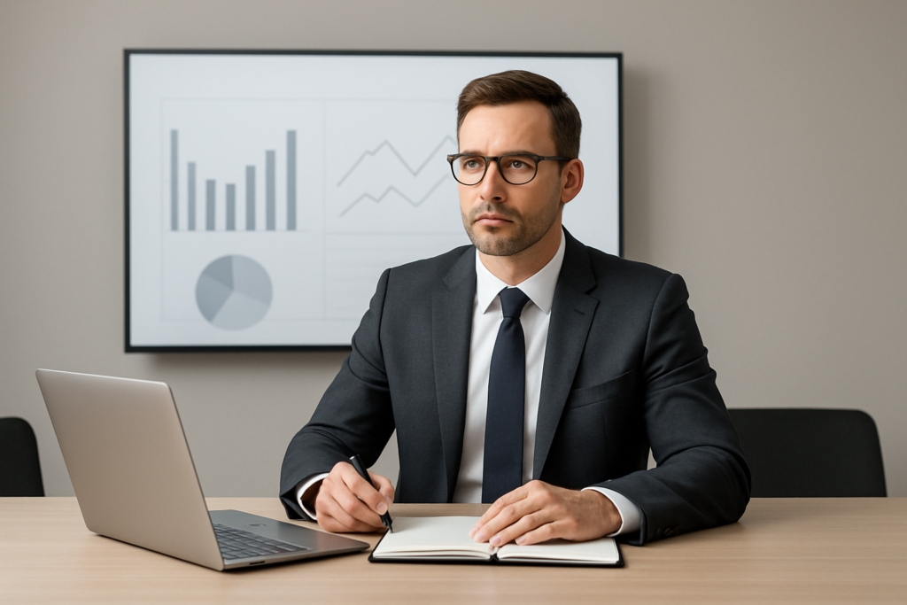 Lider podejmujący decyzję przy wykresach i notatkach