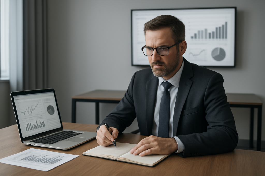 Lider analizujący wykresy i scenariusze w sali konferencyjnej