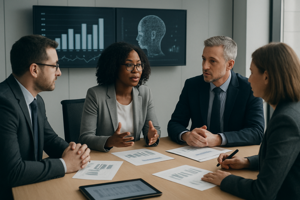 Menedżerowie analizujący dane i modele AI przy stole