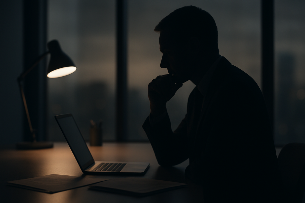 Lider przy biurku wieczorem — symbol wypalenia i odpowiedzialności