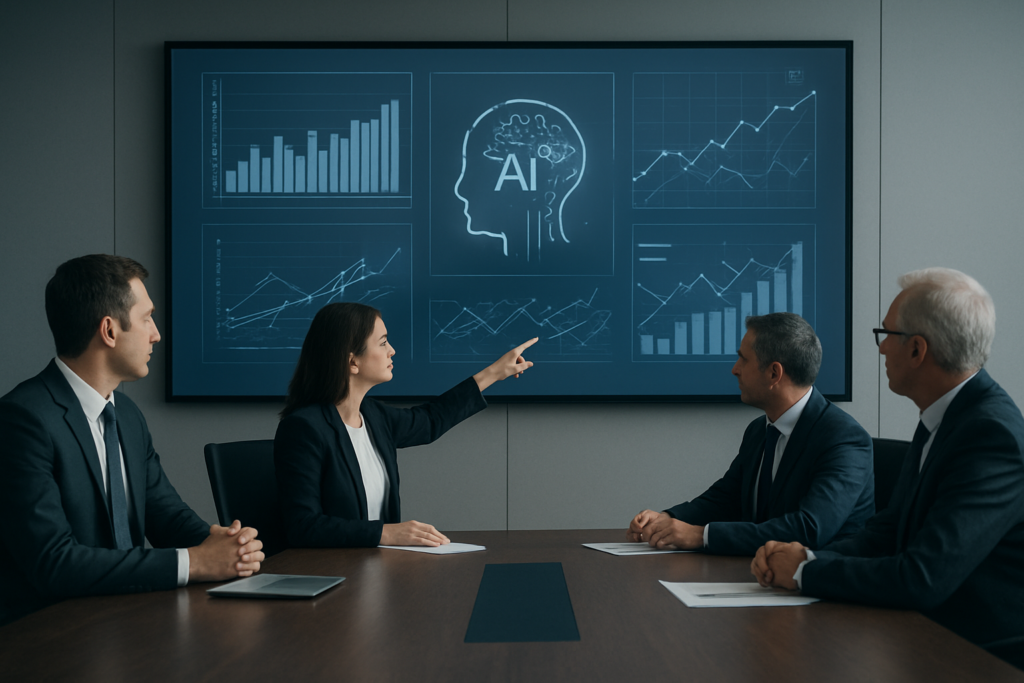 Zarząd analizujący dashboardy danych i systemy AI