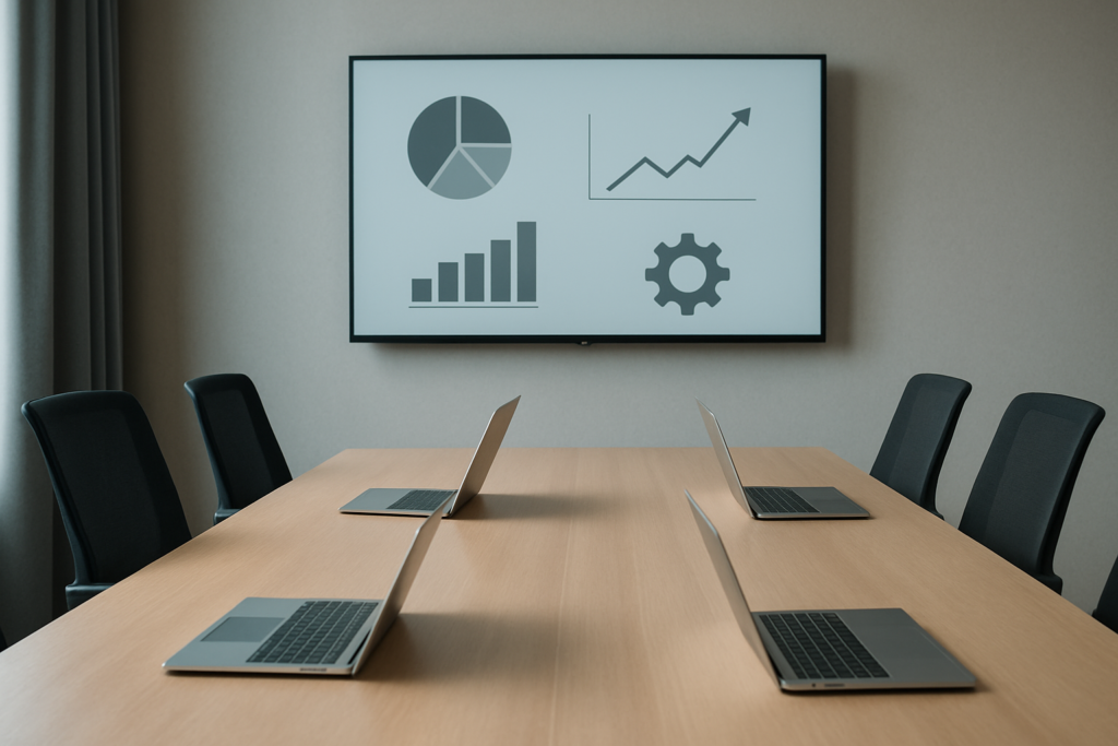 Sala konferencyjna z wykresami ilustrująca dyskusję o innowacjach