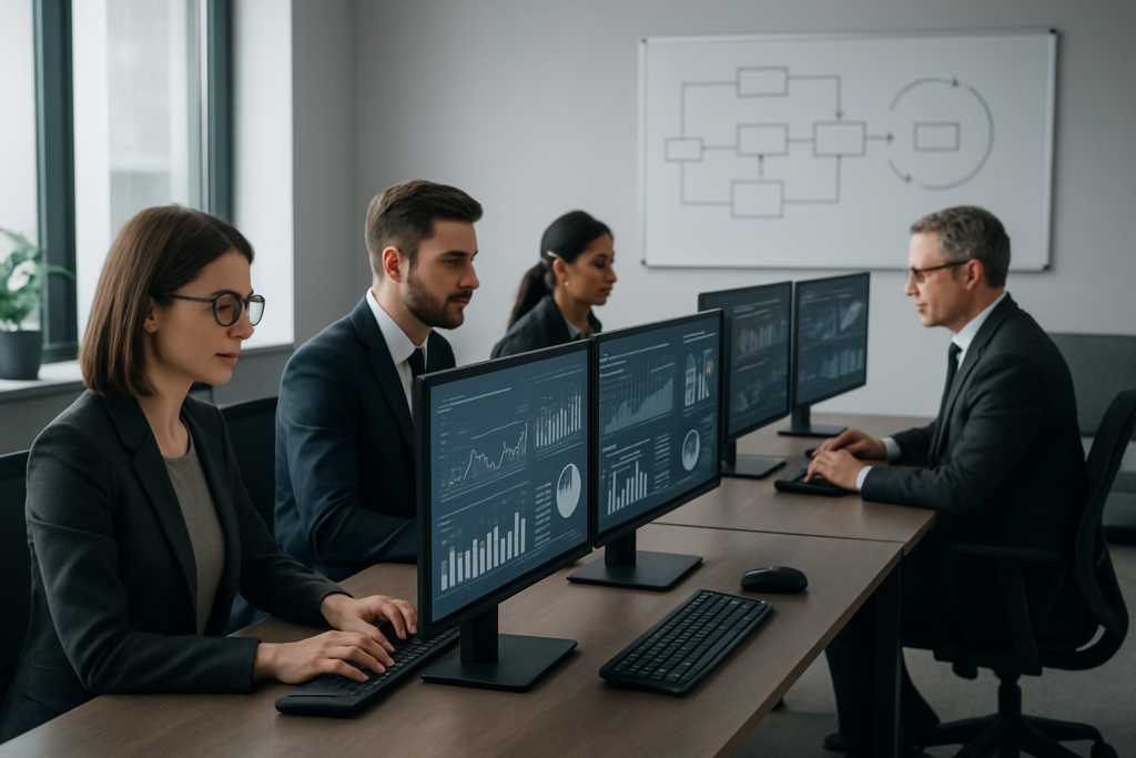 biuro hybrydowe z dashboardami danych i zespołem menedżerskim