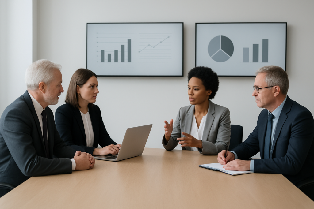 Wielopokoleniowy zespół rodzinny podczas strategicznej dyskusji