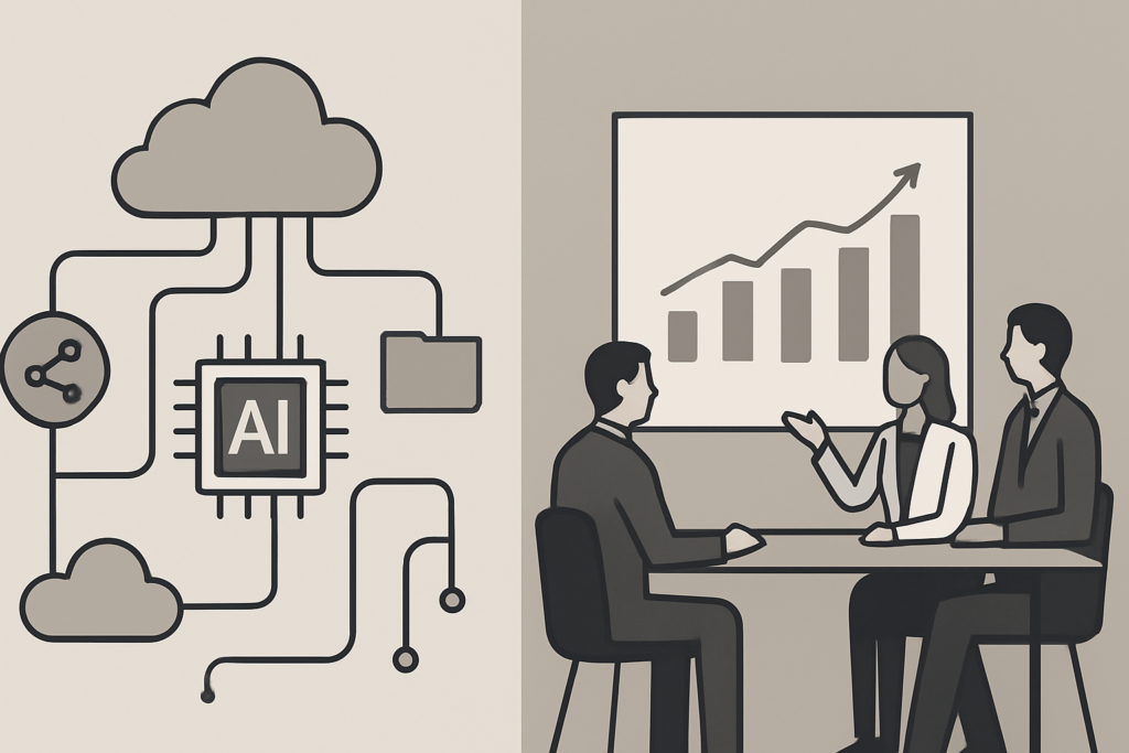 Schemat technologii vs biznes — AI, IoT, blockchain