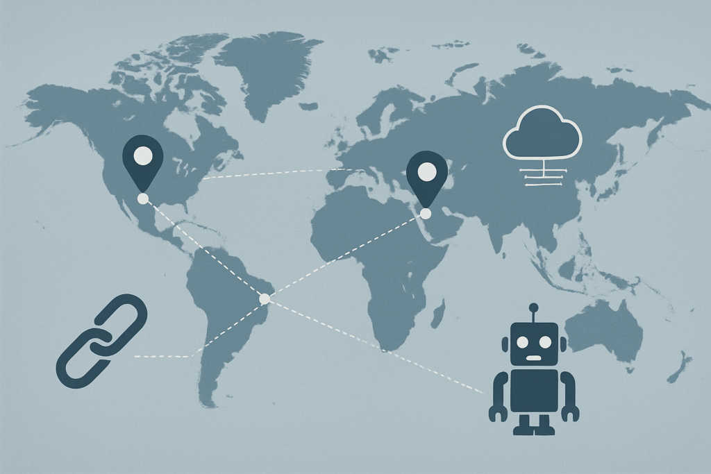Mapa z regionalnymi hubami produkcyjnymi i ikonami technologii