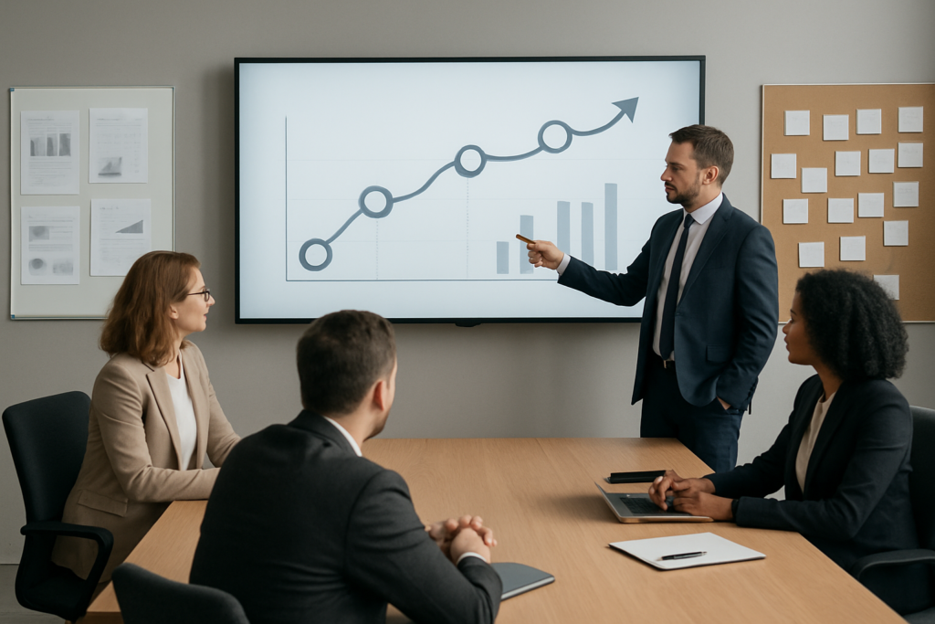 Zespół analizujący mapę innowacji na ekranie