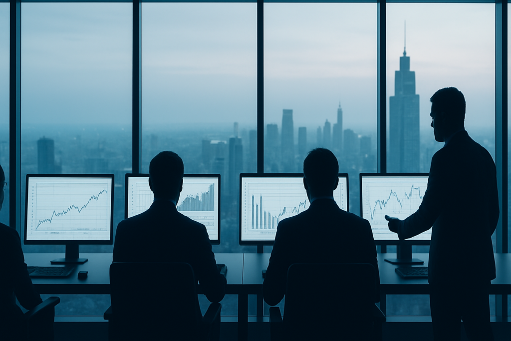 Zespół zarządczy analizujący scenariusze i wykresy w biurze
