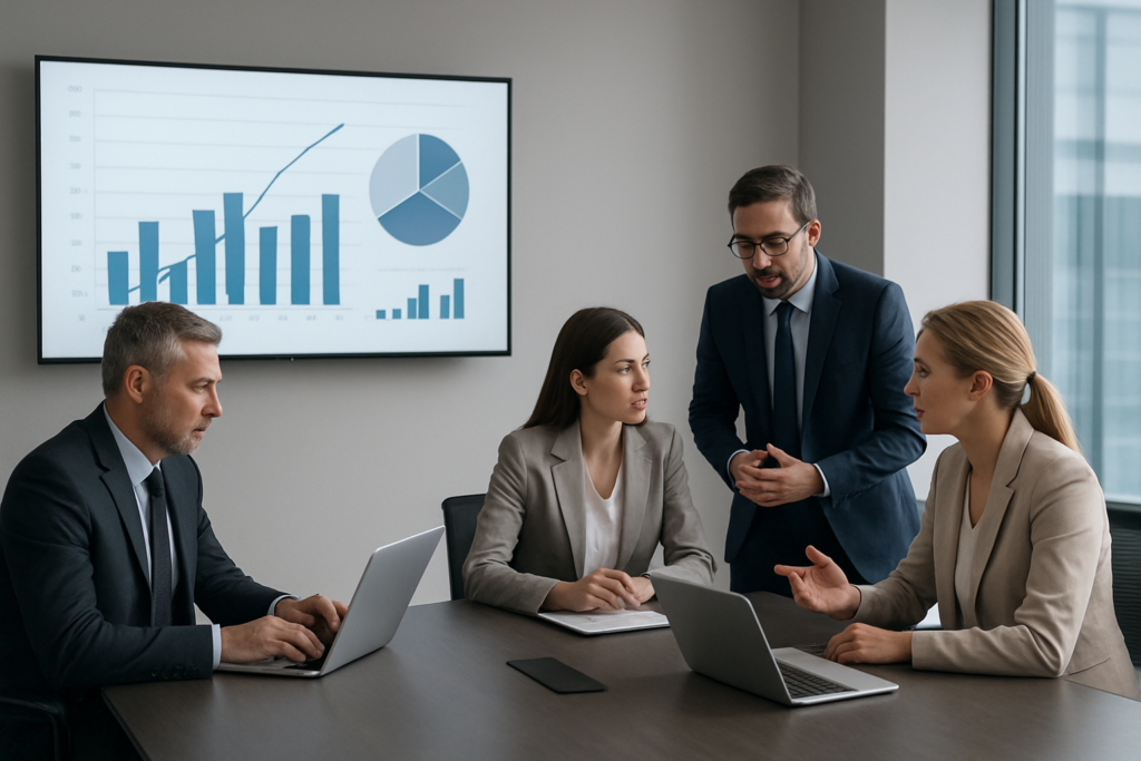 Zarząd analizujący dane cyfrowe i strategię firmy