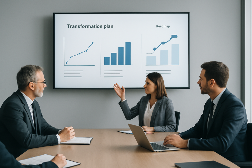 Zespół zarządzający analizujący plan transformacji na ekranie